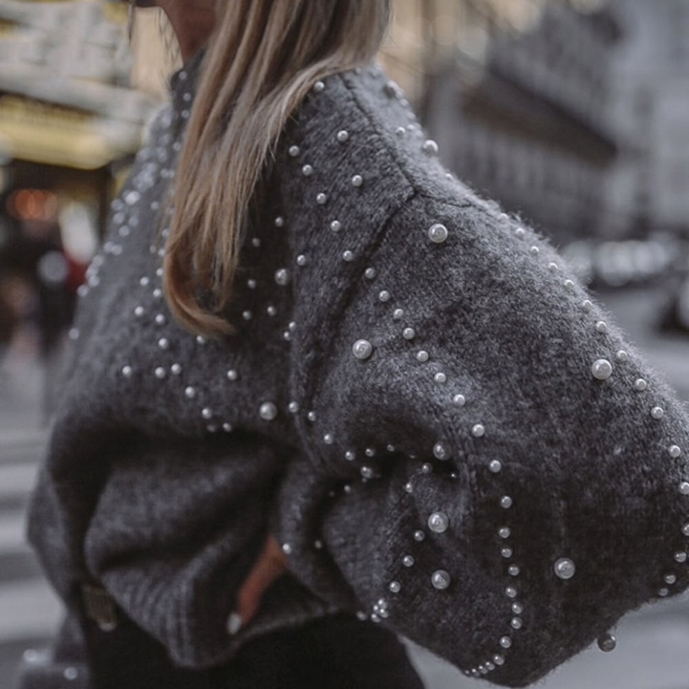 🆕 Pearl Beading Lantern Sleeve Turtleneck Sweater - Picture 2 of 8